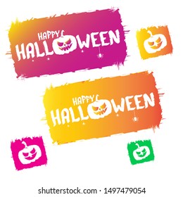 Happy Halloween text Banner or grunge background. Vector color halloween label or sticker with scary pumpkin isolated on white background.