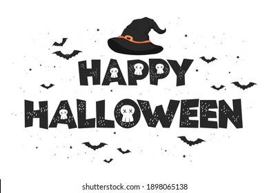 Happy Halloween text banner with hand drawn lettering, bats and witch hat isolated on white background. Vector illustration for poster, greeting card, party invitation