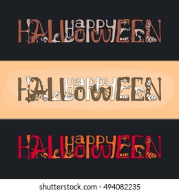 Happy Halloween Text Banner with hand, witch, zombies, snake, cap, broom, spider, Vector illustration