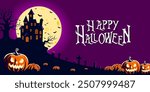 Happy Halloween Text Banner. Halloween haunted old house and cemetery silhouette landscape. Happy Halloween scary background or banner,creepy vector backdrop with fool moon and flying bats, cemetery g