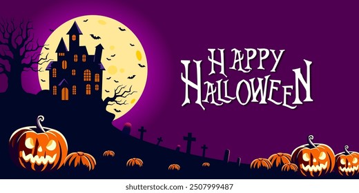 Happy Halloween Text Banner. Halloween haunted old house and cemetery silhouette landscape. Happy Halloween scary background or banner,creepy vector backdrop with fool moon and flying bats, cemetery g