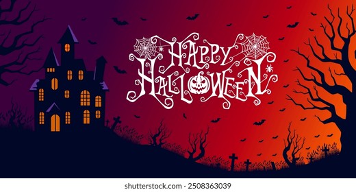 Happy Halloween Text Banner. Halloween haunted old house silhouette landscape. Happy Halloween scary background or banner,creepy vector backdrop with fool moon and flying bats