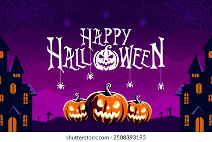 Happy Halloween Text Banner. Halloween haunted old house silhouette landscape and some pumpkins. Happy Halloween scary background or banner,creepy vector backdrop with flying spiders