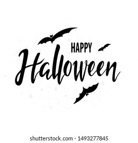 Happy Halloween text banner. Isolated vector illustration. Hand drawn lettering with  bat for banner, poster, greeting card, party invitation. 