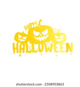 Feliz Anuncio de texto o etiqueta de Halloween. Etiqueta caligráfica del texto de Halloween del Vector con la calabaza aterradora aislada en el fondo blanco. Plantilla de diseño de Anuncio de Halloween