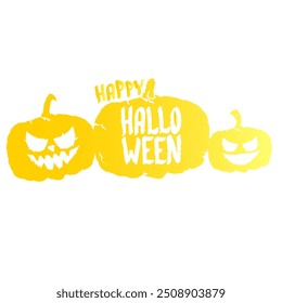 Happy Halloween text Banner or label. Vector halloween calligraphic text label with scary pumpkin isolated on white background. Halloween banner design template