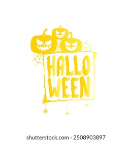 Happy Halloween text Banner or label. Vector halloween calligraphic text label with scary pumpkin isolated on white background. Halloween banner design template