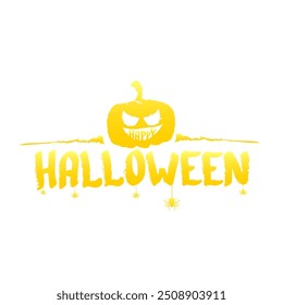 Feliz Anuncio de texto o etiqueta de Halloween. Etiqueta caligráfica del texto de Halloween del Vector con la calabaza aterradora aislada en el fondo blanco. Plantilla de diseño de Anuncio de Halloween