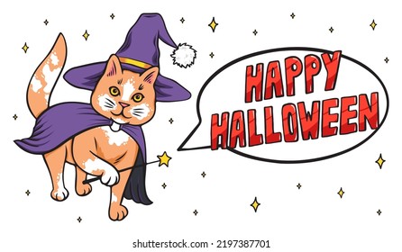 Happy Halloween text banner with magical witch cat