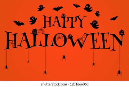 Happy halloween text banner on orange background. Vector illustration with web and spider. Trick or treat