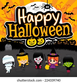 Happy Halloween text banner on orange and black spooky background with Children dressed in costumes as dracula, vampire, witch, mummies, frankenstein, spider, bats, grave yard, pumpkins and full moon.