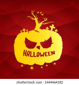 Happy Halloween text Banner or poster background. Vector golden halloween label with scary pumpkin isolated on red  background