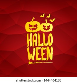 Happy Halloween text Banner or poster background. Vector golden halloween label with scary pumpkin isolated on red  background