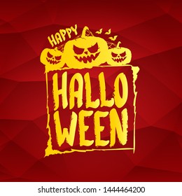 Happy Halloween text Banner or poster background. Vector golden halloween label with scary pumpkin isolated on red  background