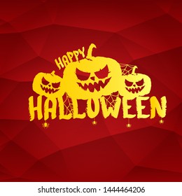 Happy Halloween text Banner or poster background. Vector golden halloween label with scary pumpkin isolated on red  background