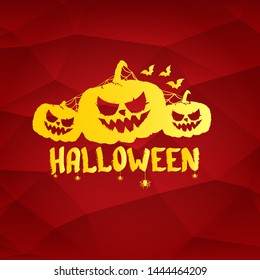 Happy Halloween text Banner or poster background. Vector golden halloween label with scary pumpkin isolated on red  background