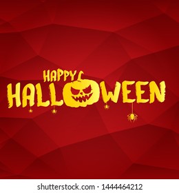 Happy Halloween text Banner or poster background. Vector golden halloween label with scary pumpkin isolated on red  background