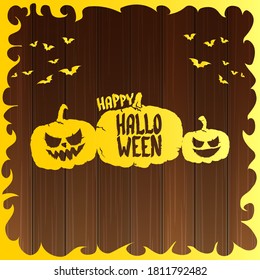 Happy Halloween text Banner or poster background. Vector golden halloween label with scary pumpkin isolated on wooden background