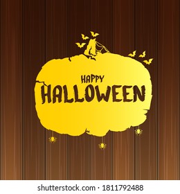 Happy Halloween text Banner or poster background. Vector golden halloween label with scary pumpkin isolated on wooden background
