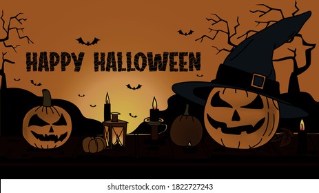Happy Halloween Text Banner. Pumpkin design vector illustration. The illustration is suitable for decorating a Halloween holiday, card.