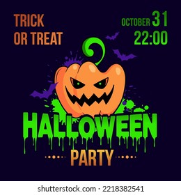 Happy halloween text banner with pumpkin and bats. Vector illustration