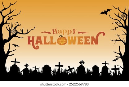 Happy Halloween Text Banner with Pumpkin, Tombstone and Spooky Background. Perfect for Trick or Treat Celebrations, Halloween Parties, and October 31st Festivities