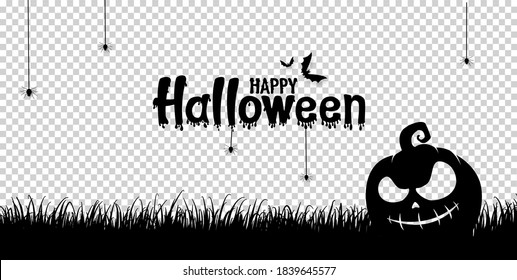 Happy Halloween Text Banner With Scary Pumpkin Face On Grass Field, Bats Flying, Spider, Spider Web,  Isolated  On Png Or Transparent  Background Vector Illustration 