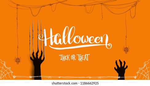 Happy Halloween Text Banner, with scratching marks on orange wall from zombie nails for banner, poster, greeting card, party invitation.