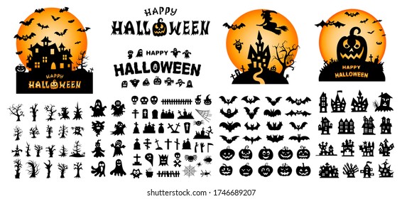 Happy Halloween Text Banner. Set of silhouettes of Halloween on a white background. Vector illustration	