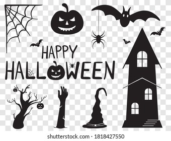 Happy Halloween Text Banner and Silhouette Horror Characters. Vector Illustration Set With Transparent Background.