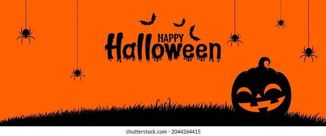 Happy halloween text banner and smile pumpkin face grass field  bats flying  spider  spider web   isolated yellow  background  sale template  website  poster   vector  illustration 