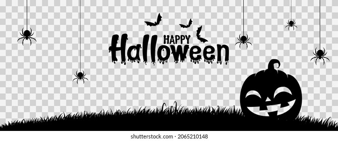 Happy Halloween Text Banner With Smile Pumpkin Face On Grass Field, Bats Flying, Spider, Spider Web,  Isolated On Png Or Transparent   Background, Sale Template ,website, Poster,vector  