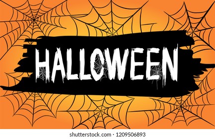 Happy Halloween Text Banner with Spider, Web and Bat, Stock Vector Illustration