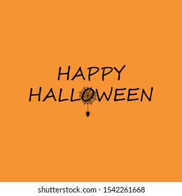 Happy Halloween text banner with spider web and spider sign. Orange background.