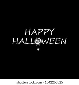 Happy Halloween text banner with spider web and spider sign. Black background