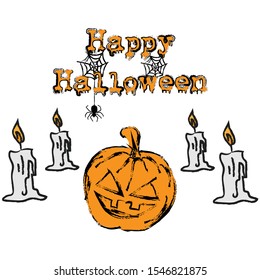 Happy Halloween Text Banner With Spider , Candles And Pumpkin Vector / Illustration