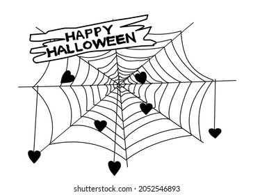 Happy Halloween Text Banner. Spider and heart. Vector illustration 