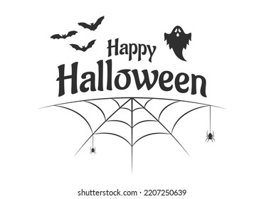 Happy Halloween text banner with spider web, bat and ghost. Holiday, greeteng card, party invitation design. Vector illustration. 