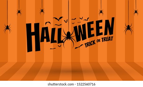 Happy Halloween text banner with spiders on stripe room, Vector