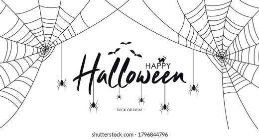 Happy Halloween text banner with spiders and web, bat and cat.  Background for Halloween banner, invitation, card with spiderweb and spider. Vector