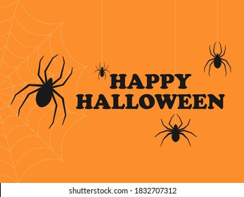 Happy Halloween. Text banner with spiders hanging on a web isolated on orange background. Design greeting card. Vector illustration