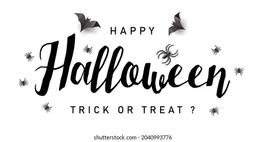 Happy Halloween text banner with spiders and bats, Vector