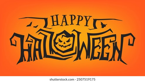 Happy Halloween text banner. Spooky, gothic typography, stylized black text on vibrant orange background. Scary twisted letters. Vector illustration