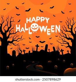 Happy Halloween Text Banner. Happy Halloween Spooky Vibe design vector. Typography, Halloween cemetery landscape. Halloween holiday banner with midnight cemetery.