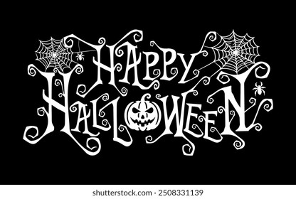 Happy Halloween Text Banner. With happy halloween typography and silhouette of spider and its web.