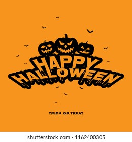 Happy halloween text banner vector calligraphy design with pumpkins and bats on orange background.