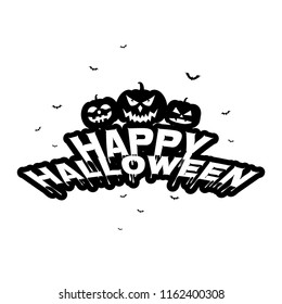 Happy halloween text banner vector black and white design with pumpkins and bats