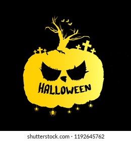 Happy Halloween text Banner. Vector halloween calligraphic text golden label with scary pumpkin isolated on black