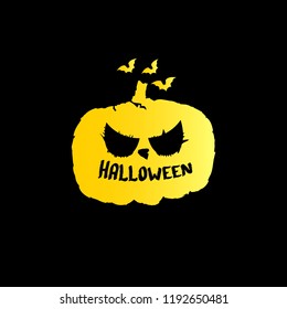 Happy Halloween text Banner. Vector halloween calligraphic text golden label with scary pumpkin isolated on black