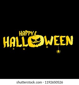 Happy Halloween text Banner. Vector halloween calligraphic text golden label with scary pumpkin isolated on black